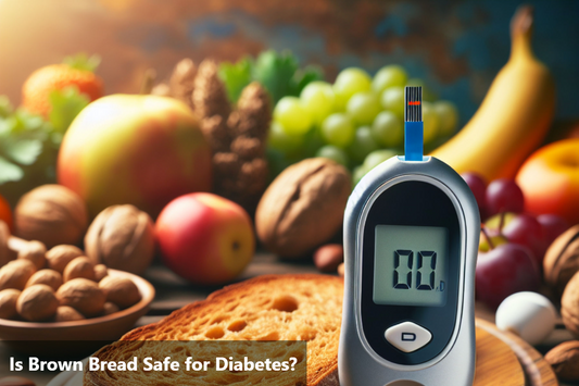 Brown bread, fruits and nuts on a table with a blood glucose meter.