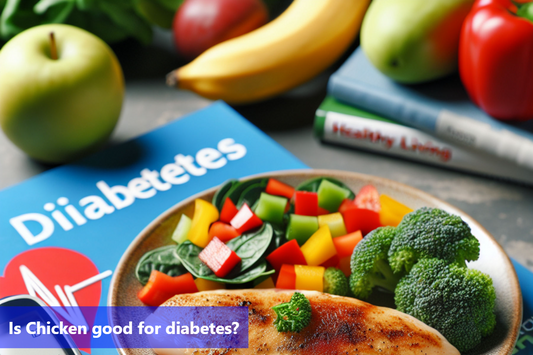 A plate of grilled chicken, asparagus, and a bowl of fruit. There is also a blood glucose meter on the table.