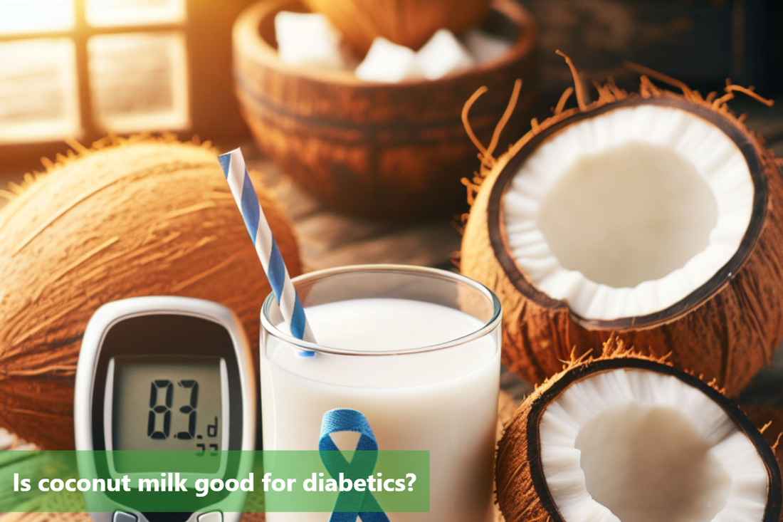A glass of coconut milk with a straw sits on a table with coconuts and a blood sugar meter.