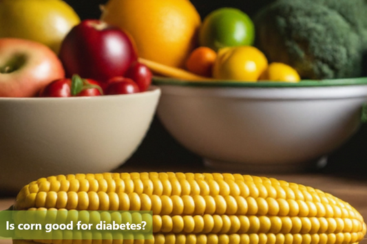 An ear of corn sits in front of a bowl of fruit and vegetables.