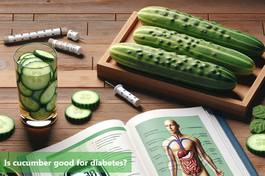 A banner image of a table with a glass of water, cucumbers, and a book about diabetes.