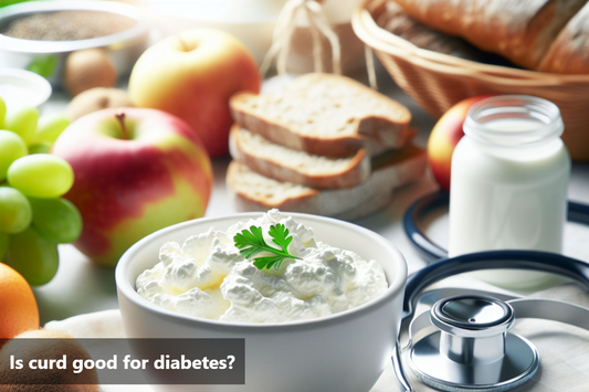 A bowl of curd placed on a table with stethoscope and various fruits and grains in the background