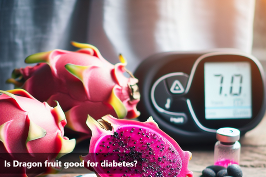 A close-up image of a dragon fruit cut in half, with a blood sugar meter and insulin syringe in the background.