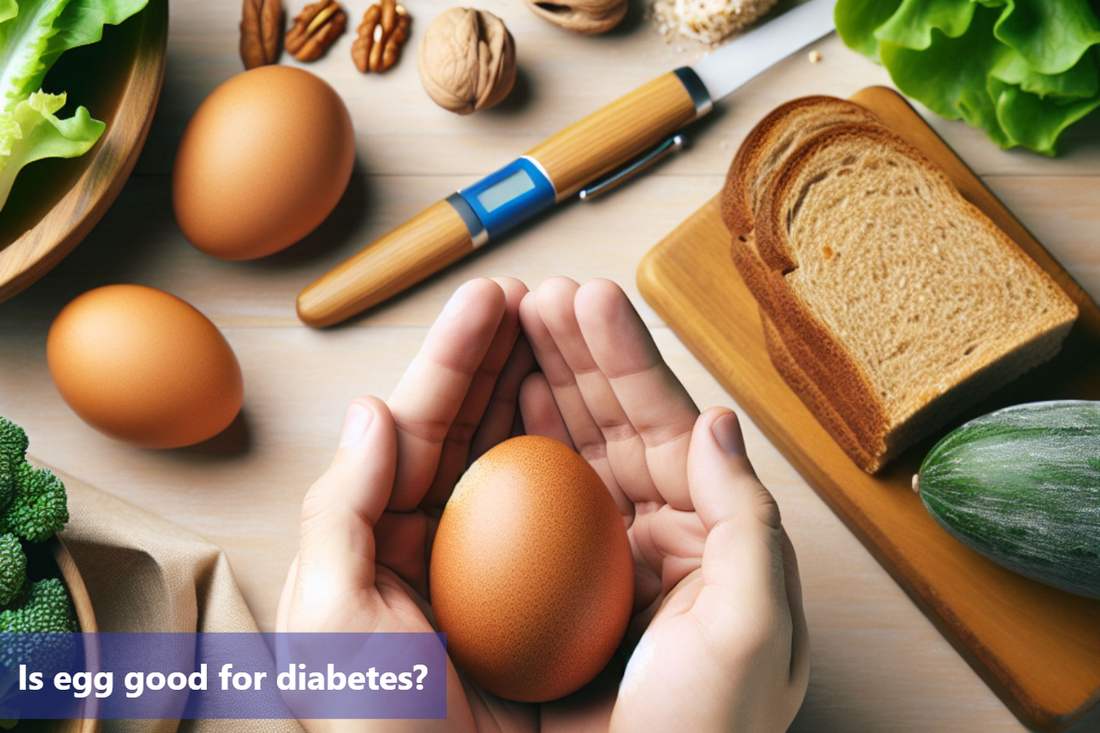 A person holding an egg in their hands with a wooden table scattered with healthy food items in the background.