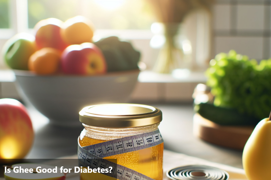 A jar of ghee with a measuring tape wrapped around it, sitting on a kitchen counter. In the background is a bowl of fruit and vegetables.