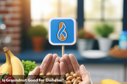 Blue square with a peanut and a diabetes awareness ribbon icon on top of hands holding peanuts in front of a blurred kitchen background