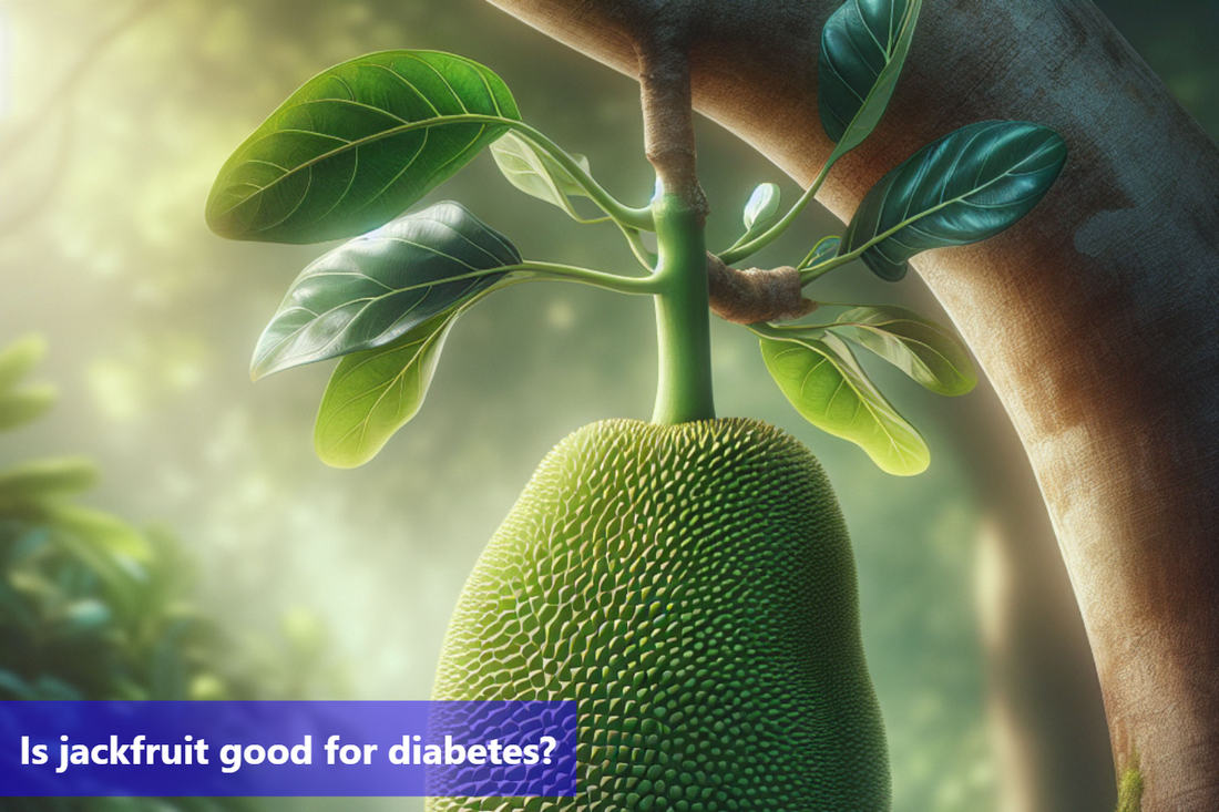 A large, green jackfruit hangs from a tree branch with green leaves in the background.