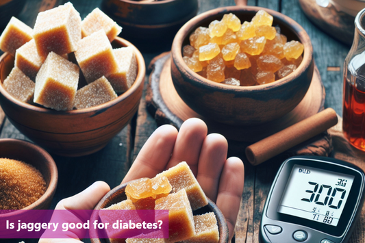 Jaggery cubes in hand with a bowl of jaggery, a blood sugar monitor, and other natural sweeteners in the background.