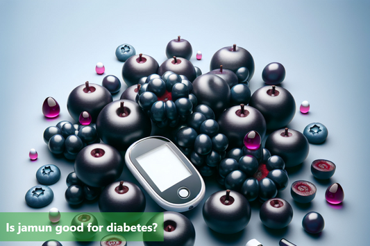 Black jamuns with blueberries and a blood glucose meter on a blue background.