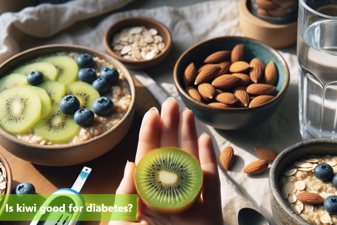 kiwi fruit, blueberries and almonds on table