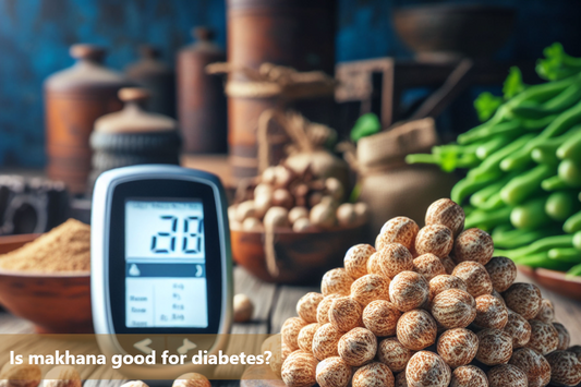 A bowl of makhana, a type of fox nut, with a blood sugar monitor in the background.