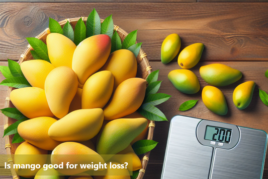 A close-up image of a basket of mangoes on a wooden table. A scale is placed beside the basket.