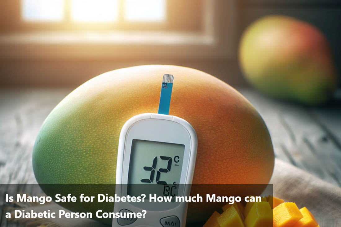 A mango and a blood sugar meter on a table.