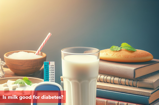 A glass of milk sits on a table next to a bowl of sugar cubes, a blood sugar meter, and a stack of books.