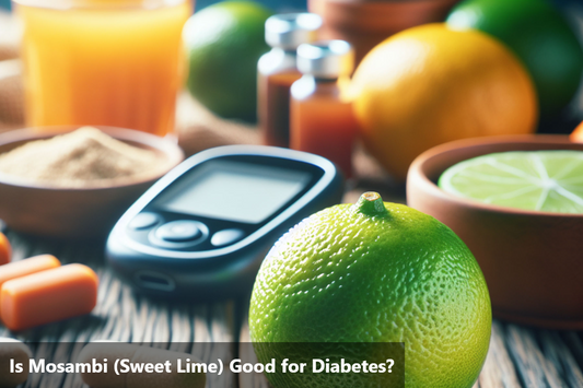 A close-up image of a mosambi fruit, along with other citrus fruits and a blood sugar meter.