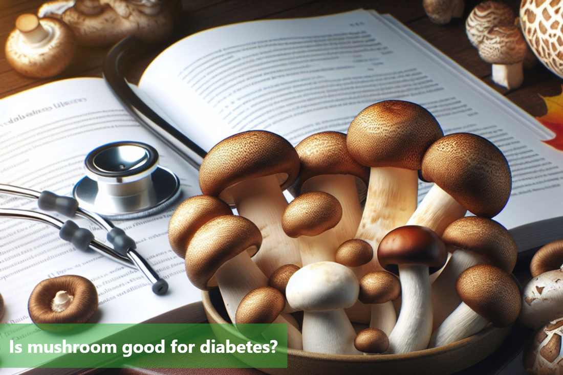 An image of a stethoscope resting on a book, surrounded by various types of mushrooms.