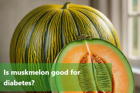 A large, green and yellow striped muskmelon sits on a table next to a cut melon showing its orange, juicy interior.