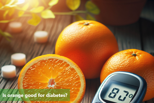 An orange cut in half sits next to a whole orange and a blood sugar meter.