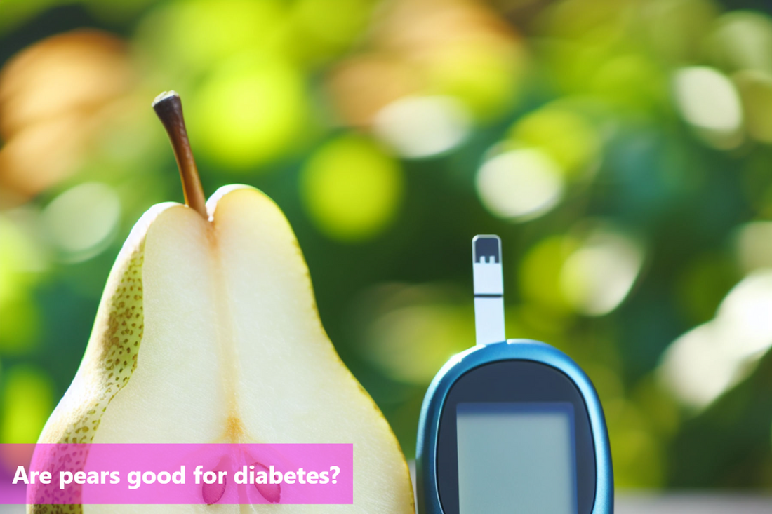 A pear and a blood sugar meter on a table.