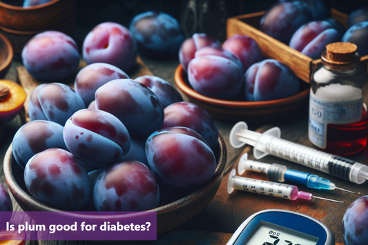 A bowl of fresh plums with a syringe and a blood sugar monitor on the side.