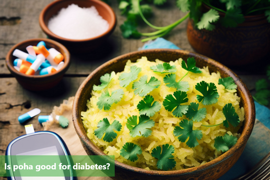 A bowl of poha, a popular breakfast dish in India, served with coriander leaves and a side of pills and a blood glucose meter.