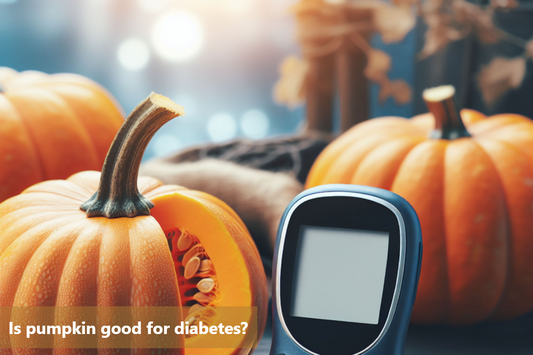 A pumpkin sits next to a blood sugar monitor, symbolizing the potential benefits of pumpkin for individuals with diabetes.