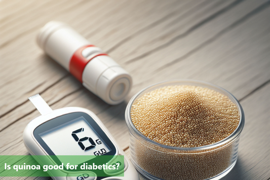 Quinoa and diabetes concept with a bowl of quinoa and a blood glucose meter.