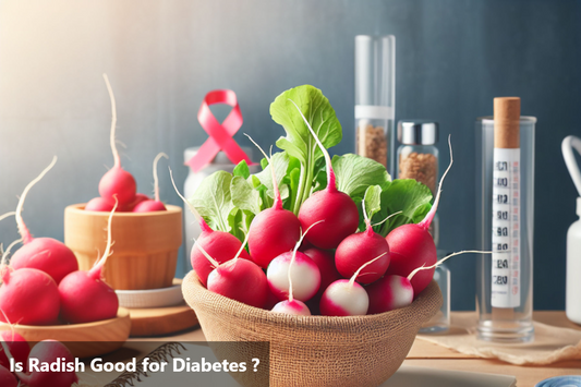 A bowl of radishes on a table, with a notebook, measuring tape, and other medical supplies in the background.