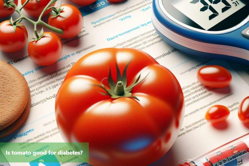 A large red tomato sits on a table next to a blood glucose meter.