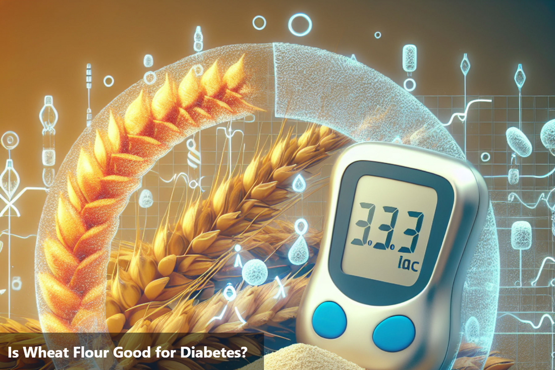 An illustration of wheat grains and a blood glucose meter, highlighting the relationship between wheat flour and diabetes.