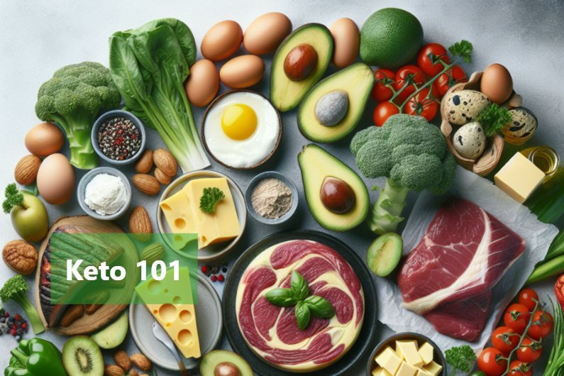 Banner image illustrating keto-friendly foods and the basics of a ketogenic diet