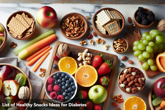 An assortment of healthy snacks, including fruits, vegetables, nuts, and crackers, arranged on a marble table.