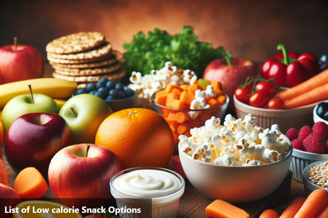 An assortment of healthy low-calorie snacks including fruits, vegetables, popcorn, and yogurt.