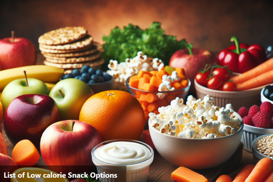 An assortment of healthy low-calorie snacks including fruits, vegetables, popcorn, and yogurt.
