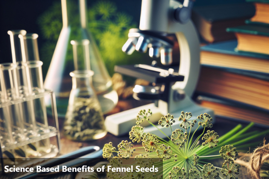 Image of fennel seeds with a microscope in the background, representing the scientific exploration of their benefits.