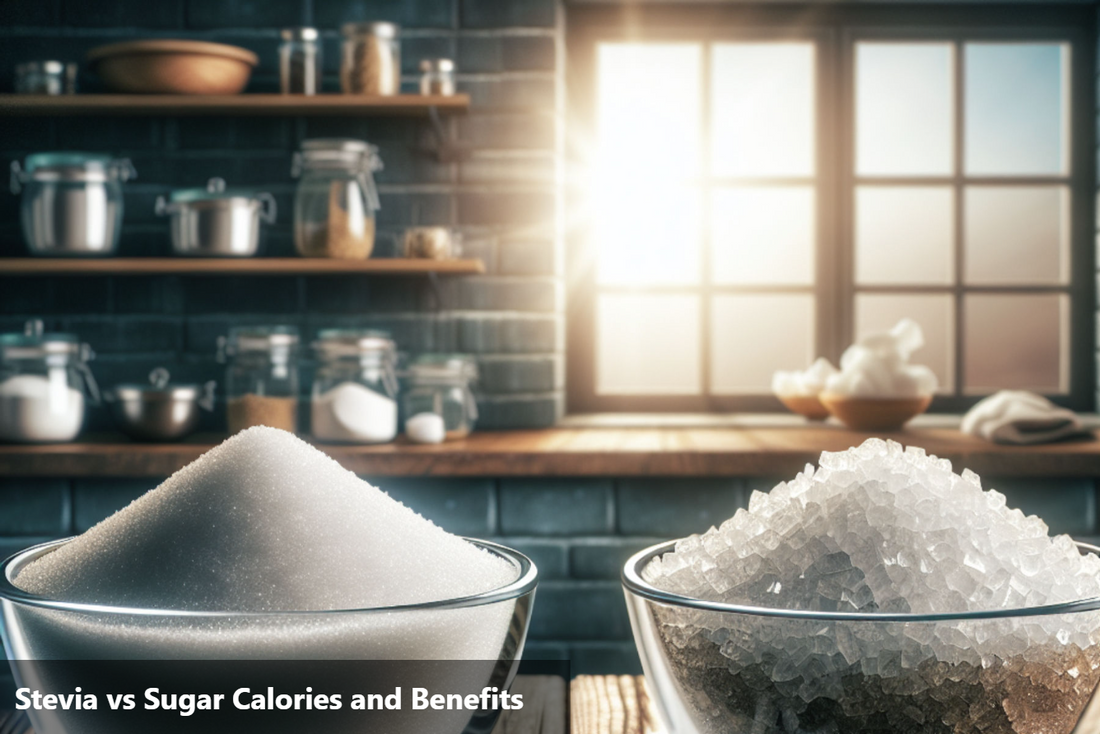 A close-up image of two bowls filled with sugar and stevia.