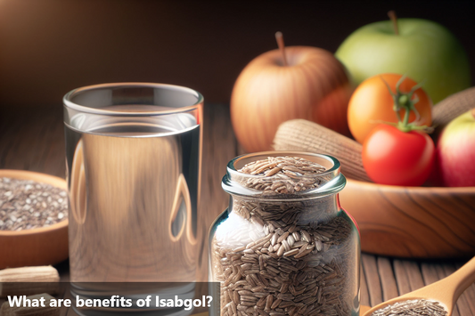 Isabgol seeds in a glass jar with a glass of water and a bowl of fruits and vegetables in the background.