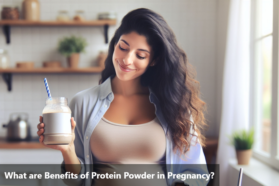 Pregnant woman holding a glass of protein powder.