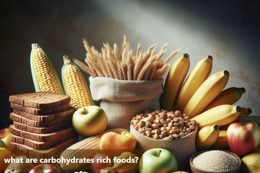 A variety of food items rich in carbohydrates, including bananas, corn, bread, and apples.