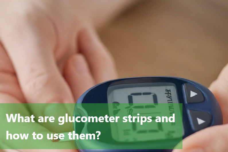 A person holding a glucometer and a test strip.