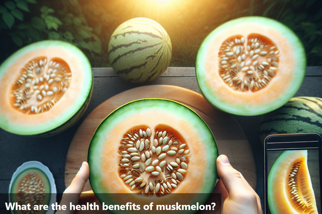 A close-up image of a hand holding a slice of muskmelon. The melon is cut in half, showing the juicy, orange flesh and the black seeds.