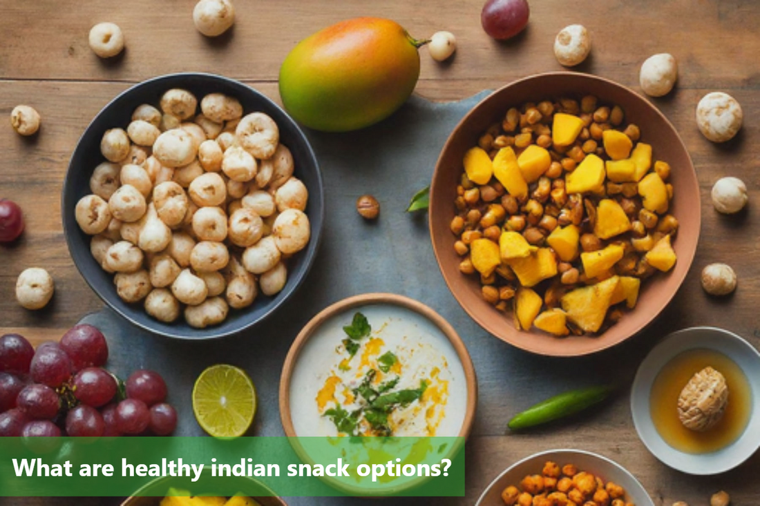 A variety of healthy Indian snacks, including fruits, vegetables, and yogurt.