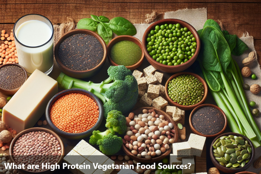 A variety of high protein vegetarian foods are arranged on a wooden table.