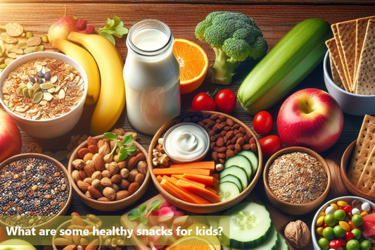 An assortment of healthy snacks for kids, including fruits, vegetables, nuts, seeds, and yogurt.