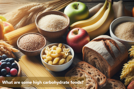 An assortment of high carbohydrate foods on a wooden table, including bread, pasta, rice, fruits, and vegetables.