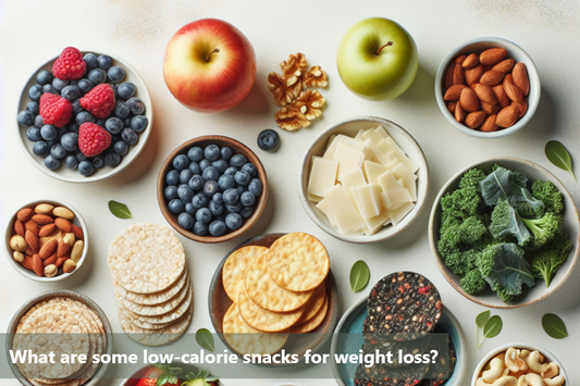 A variety of healthy, low-calorie snacks, including fruits, vegetables, nuts, and seeds.