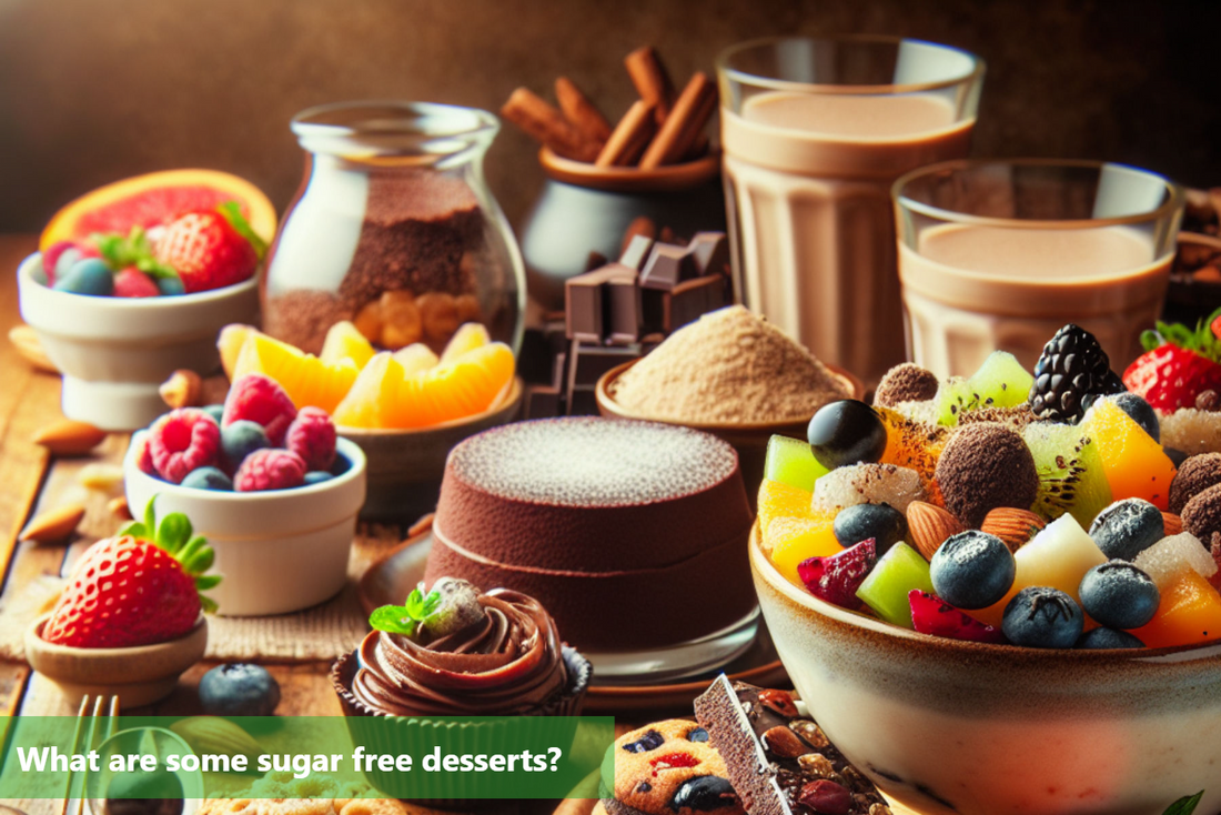 An assortment of sugar-free desserts including chocolate cake, fruit salad, and cookies, along with various nuts, seeds, and fruits.