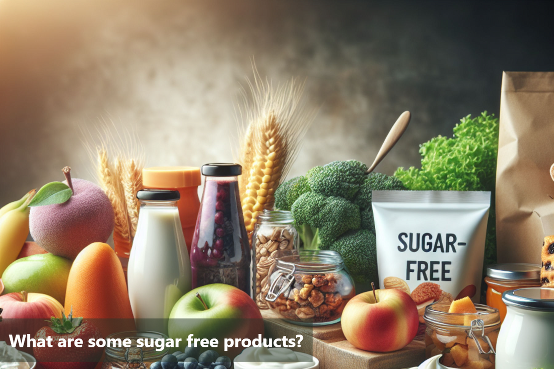 A variety of sugar free products, including fruits, vegetables, and packaged foods.