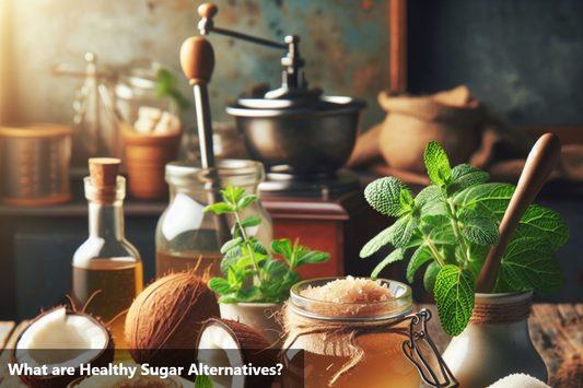 Image of various natural sweeteners, such as honey, maple syrup, coconut sugar, and stevia, arranged on a rustic table.