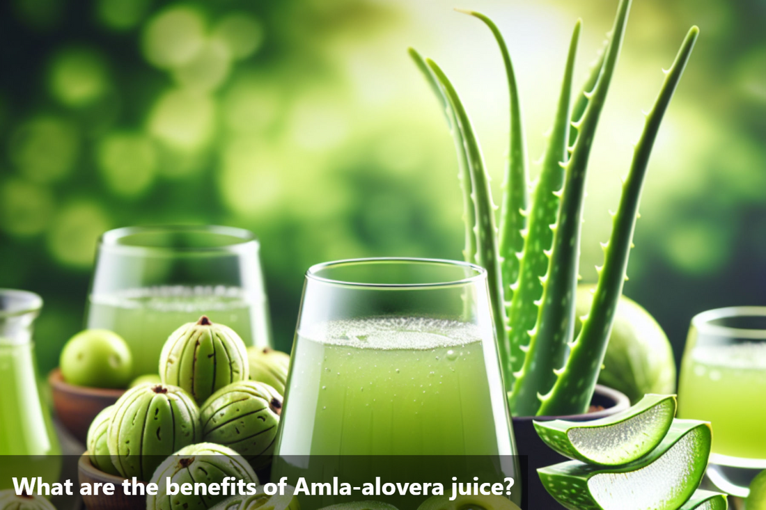 A glass of Amla-Aloe Vera juice with fresh amla and aloe vera leaves on a wooden table.